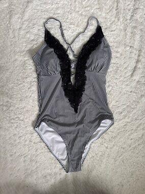 Cupshe Black & White Striped Lace-Trim One-Piece Swimsuit